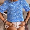 Women's Sky Blue Eyelet Flower Embroidery Frilled Short Puff Sleeve Blouse - Image 3