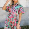 Women's Green Abstract Print Lace-up High Waist Buttoned Mini Dress - Image 5