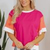 Women's Rose Red Color Block Patchwork Loose Fit T-Shirt with Side Slits - Image 4