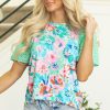 Women's Green Floral Print Eyelet Embroidered Short Sleeve Top - Perfect for Casual and Dressy Occasions - Image 8