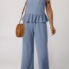 Women's Beau Blue Solid Color Ribbed Ruffle Tank Top and Pants Set - Image 4