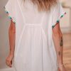 Women's White Colorful Fringed Tassel Tie Neck Short Sleeve Blouse - Image 2