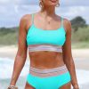 Women's Turquoise Striped Patchwork High Waist Bikini Swimsuit with Spaghetti Straps - Image 6