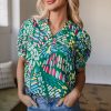 Chic Women's Green Brushwork Geometric Print Puff Sleeve Blouse with Notched Neck - Image 6