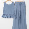 Women's Beau Blue Solid Color Ribbed Ruffle Tank Top and Pants Set - Image 11