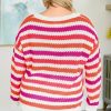 Women's Pink Stripe V-Neck Plus Size Sweater with Drop Shoulders - Image 3