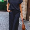 Women's Navy Blue Solid Color Textured Short Sleeve Top and Casual Pants Set - Image 7