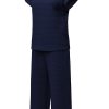 Women's Navy Blue Solid Color Textured Short Sleeve Top and Casual Pants Set - Image 9