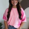 Trendy Women's Pink Stripe Color Block Patchwork Half Sleeve T-Shirt - Image 13