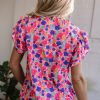 Women's Rose Red Abstract Print Ruffled Sleeve V Neck Blouse - Artistic Charm - Image 2