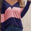 Women's Blue Stripe Colorblock Long Sleeve V Neck Top - Image 3