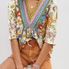 Women's Multicolor Crochet V Neck Half Sleeve Boho Floral Blouse - Image 6