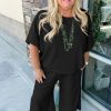 Women's Plus Size Black Textured Batwing Sleeve Tee & Wide Leg Pants Set - Image 3