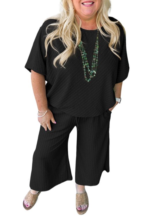 Women's Plus Size Black Textured Batwing Sleeve Tee & Wide Leg Pants Set