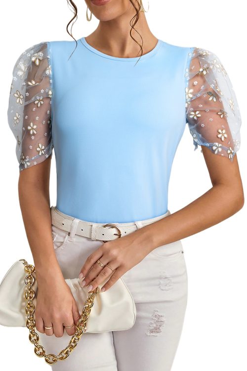 Women's Beau Blue Floral Mesh Puff Sleeve Crew Neck Top - Elegant Summer Blouse