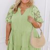 Plus Size Laurel Green Floral Crochet Short Sleeve Notch V Neck Tiered Mini Dress - Image 3