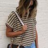 Women's Brown Stripe Textured Side Slits Crew Neck T-Shirt - Casual Summer Style - Image 2