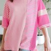 Trendy Women's Pink Stripe Color Block Patchwork Half Sleeve T-Shirt - Image 9