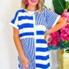 Women's Blue Stripe Mixed Printed Short Sleeve Shift Mini T-Shirt Dress - Image 4