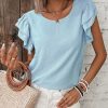 Women's Mist Blue Solid Color Ruffled Short Sleeve Casual Blouse - Elegant Round Neck Top - Image 6