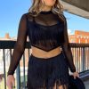 Chic Black Tiered Fringe Trimmed Mini Skirt for Effortless Boho Style - Image 3