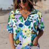 Women's Light Blue Floral Print Slit V Neck Short Sleeve Blouse - Effortlessly Feminine Style - Image 3