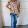 Women's Chestnut Striped Stand V Neck Short Sleeve Blouse for Effortless Chic Style - Image 3