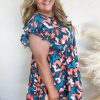 Plus Size Blue Abstract Print Shirred Ruffled Short Sleeve Mini Dress - Image 3