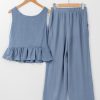 Women's Beau Blue Solid Color Ribbed Ruffle Tank Top and Pants Set - Image 10