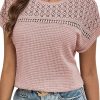 Elegant Women's Light Pink Lace Patchwork Waffle Short Sleeve Top - Image 8