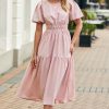 Women's Pink Puff Sleeve Pleated High Waist Flowy Long Dress - Perfect for Summer Occasions - Image 9