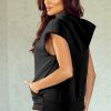 Women's Black Solid Color Cap Sleeve Hoodie with Kangaroo Pocket - Image 2