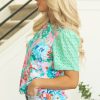 Women's Green Floral Print Eyelet Embroidered Short Sleeve Top - Perfect for Casual and Dressy Occasions - Image 3