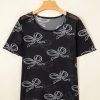 Elegant Women's Black Bow Printed Mesh Short Sleeve Top - Image 3