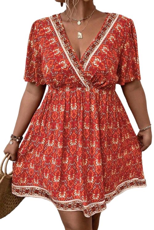 Women's Orange Plus Size Printed Surplice Neck Empire Waist Flowy Mini Dress