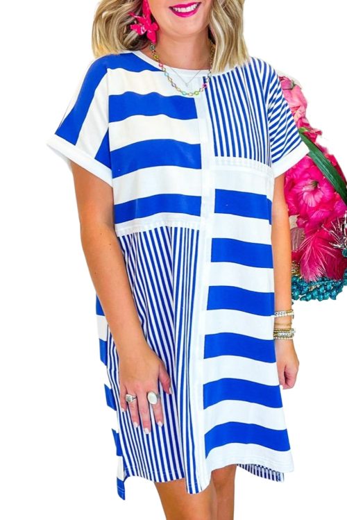 Women's Blue Stripe Mixed Printed Short Sleeve Shift Mini T-Shirt Dress