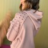 Women's Fushia Solid Color Rivet Stud Raglan Sleeve Hoodie with Pocket - Image 3