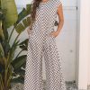 Chic Women's Khaki Checkered Print Buttoned Crew Neck Wide Leg Jumpsuit - Image 9