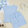 Women's Beau Blue Contrast Trim Textured Crewneck Tee and Pocketed Skirt Set - Image 6