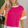 Women's Rose Red Color Block Patchwork Loose Fit T-Shirt with Side Slits - Image 7