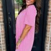 Women's Bright Pink Corded Knit Crew Neck Puff Sleeve Shift Mini Dress - Image 3