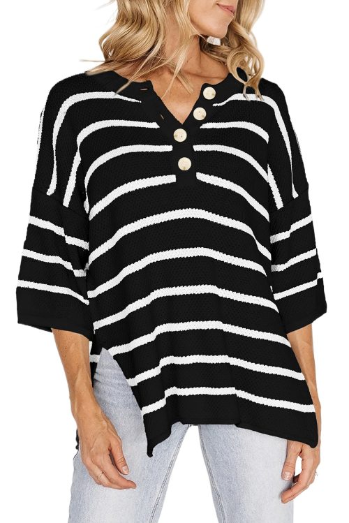 Women's Black Stripe Henley Knit Sweater Tee with Buttoned Placket and Drop Shoulder