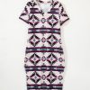 Women's Beige Western Aztec Printed Long T-Shirt Dress with V Neck and Side Slits - Image 6