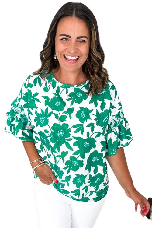 Women's Green Floral Printed Ruffled Short Sleeve Blouse - Stylish and Comfortable