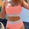 Women's Peach Blossom Striped Patchwork High Waist Bikini Swimsuit - Spaghetti Strap Design - Image 2