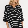 Women's Black Stripe Henley Knit Sweater Tee with Buttoned Placket and Drop Shoulder - Image 6