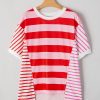 Women's Pink Stripe Patchwork Round Neck Loose T-Shirt with Side Splits - Image 9