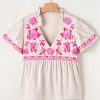 Women's Beige Floral Embroidered Blouse with Notched V Neck and Flutter Sleeves - Image 13