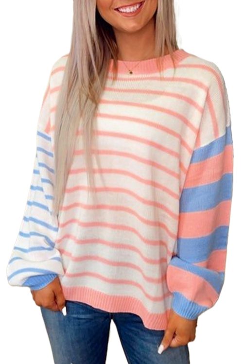 Women's Pale Chestnut Colorblock Striped Drop Shoulder Cozy Sweater