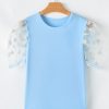 Women's Beau Blue Floral Mesh Puff Sleeve Crew Neck Top - Elegant Summer Blouse - Image 3